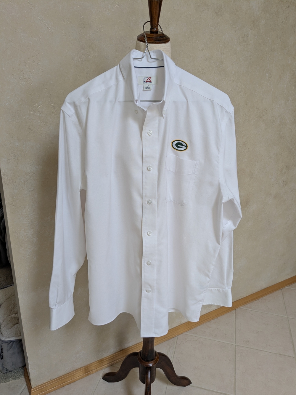 Cutter & Buck White Long-Sleeve Button-Down Shirt with Embroidered Patch